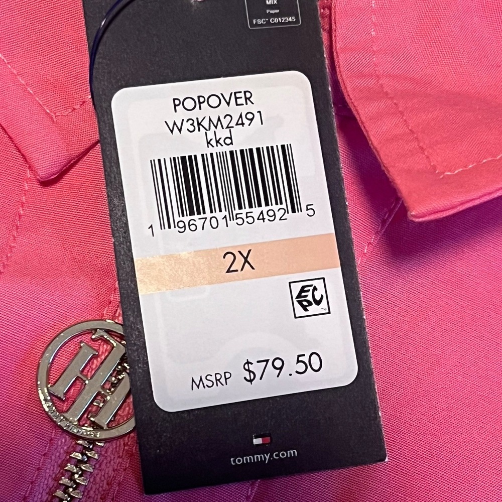 Tommy Hilfiger 2X Pink 1/2 Zip Roll‎ Tab Sleeve Cotton Popover Shirt NWT $79 - Picture 5 of 7